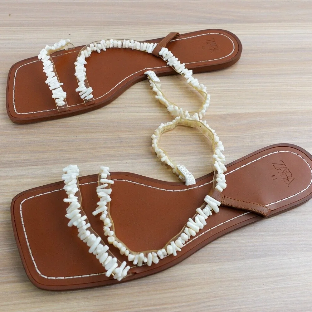 ZARA Coastal Boho Beaded Flat Sandals Womens 10.5 White Strappy Beach Slides - Picture 2 of 9